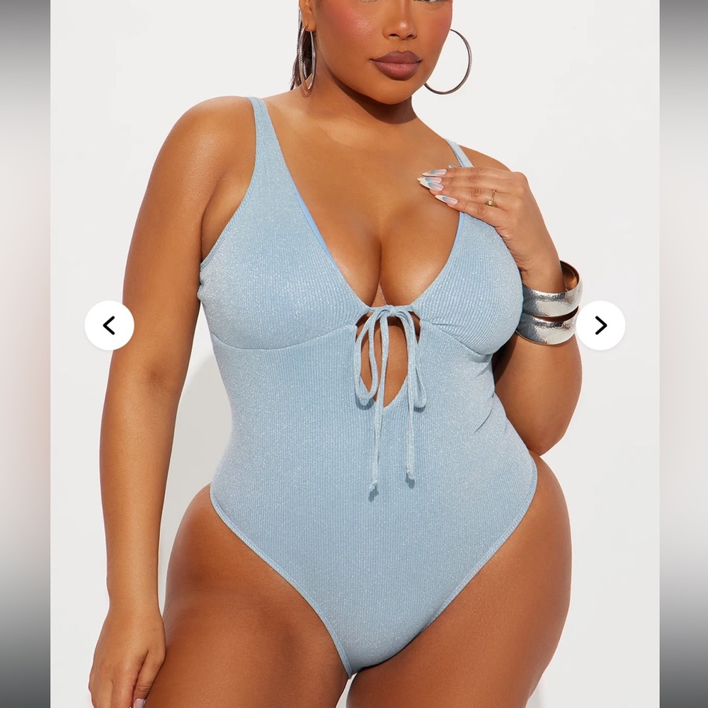 NWT Fashion Nova Blue Shimmer Ribbed One Piece Cheeky Swimsuit 1X